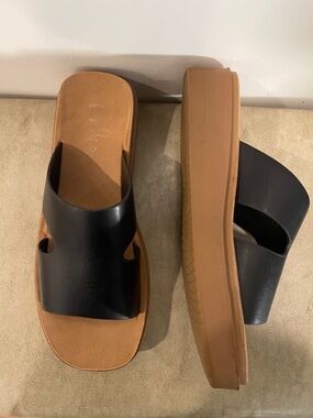 Women’s Black Slide Sandals with Tan Sole